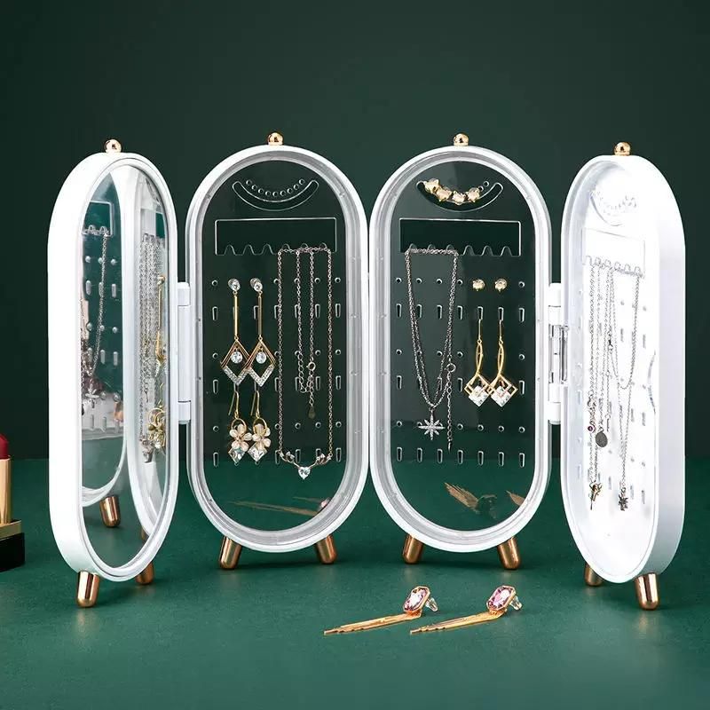 Foldable Jewelry Organizer With Mirror Ear Rings & Necklace_ Hanging Holder Jewelry Box Vanity Hanger Stand