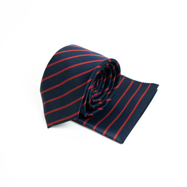 Harvard Stride Navy-Red Tie & Pocket Square Set | Premium Men’s Formal Striped Tie | Classic Navy & Red Design