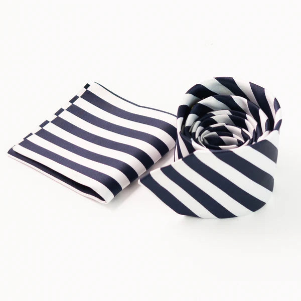 Blue & White Striped Tie & Pocket Square Set | Premium Men’s Formal Striped Tie | Classic Blue & White Design