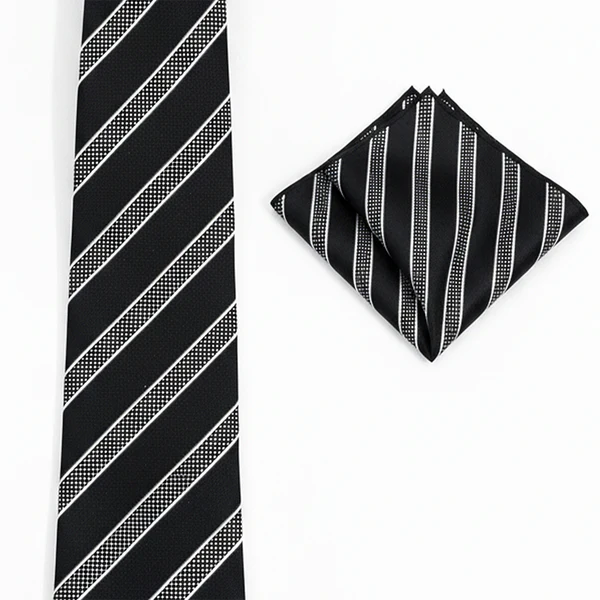 Black Label Diagonal Tie & Pocket Square Set | Premium Men’s Formal Black Tie | Classic Diagonal Stripe Design