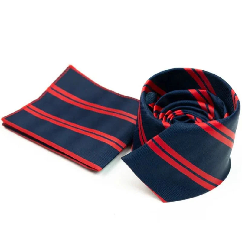 Navy & Red Regal Striped Tie with Pocket Square Set | Premium Men’s Formal Tie Set | Classic Striped Design