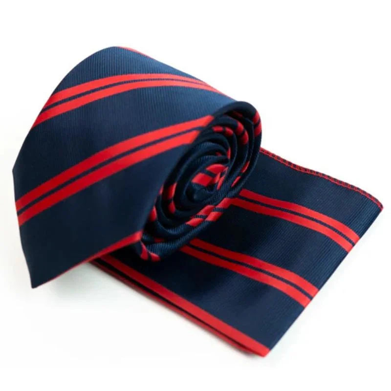 Navy & Red Regal Striped Tie with Pocket Square Set | Premium Men’s Formal Tie Set | Classic Striped Design