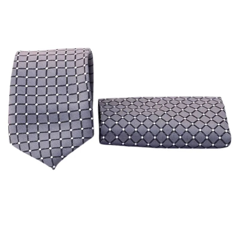 Grid Patterned Silver Tie & Pocket Square Set | Premium Men’s Formal Silver Tie | Classic Grid Design